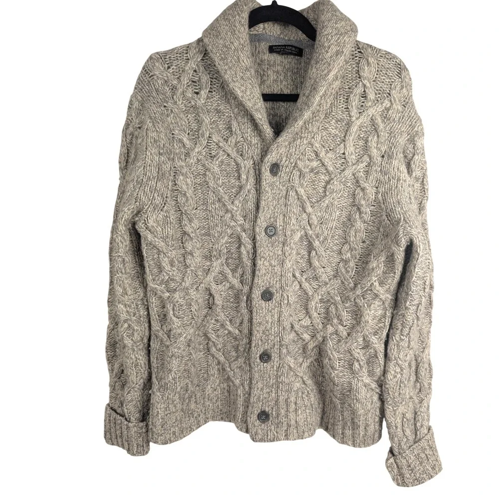 M Mens Banana Republic Italian Yarn Cable Knit Shawl Cardigan Gray Oatmeal
